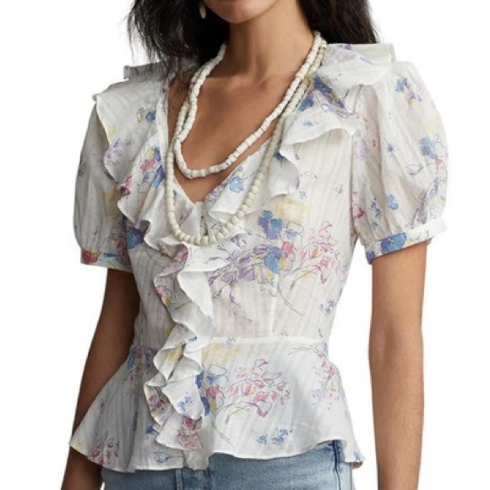 POLO RALPH LAUREN Ryle Ruffle Puff Sleeve Cotton Button-Up floral Shirt NWT